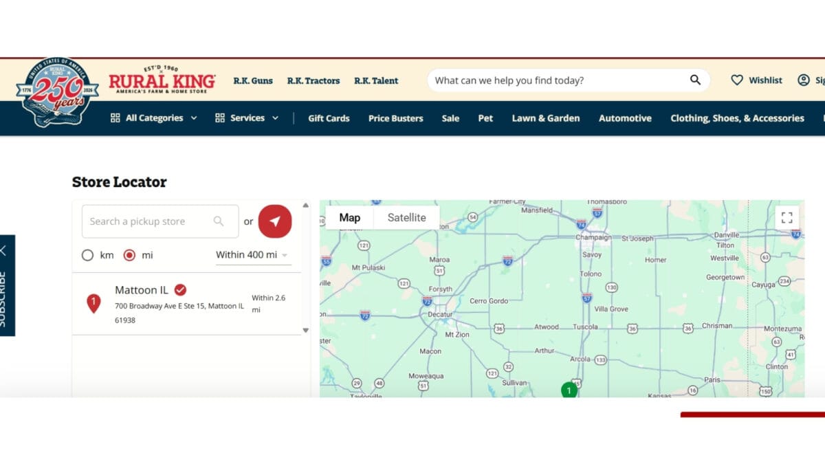 Rural King store locator map showing nearby locations
