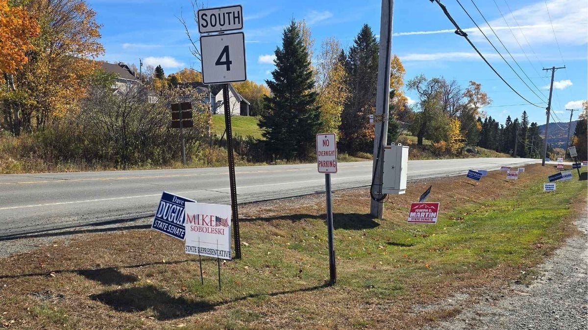 political signs along the road for the 2026 mid terms in Maine political signs along the road for the 2026 mid terms in Maine