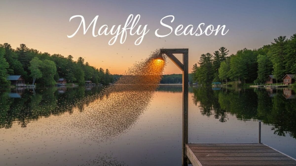 banishing mayflies in Maine shown on a lake with a porch light displaying a swarm of mayflies