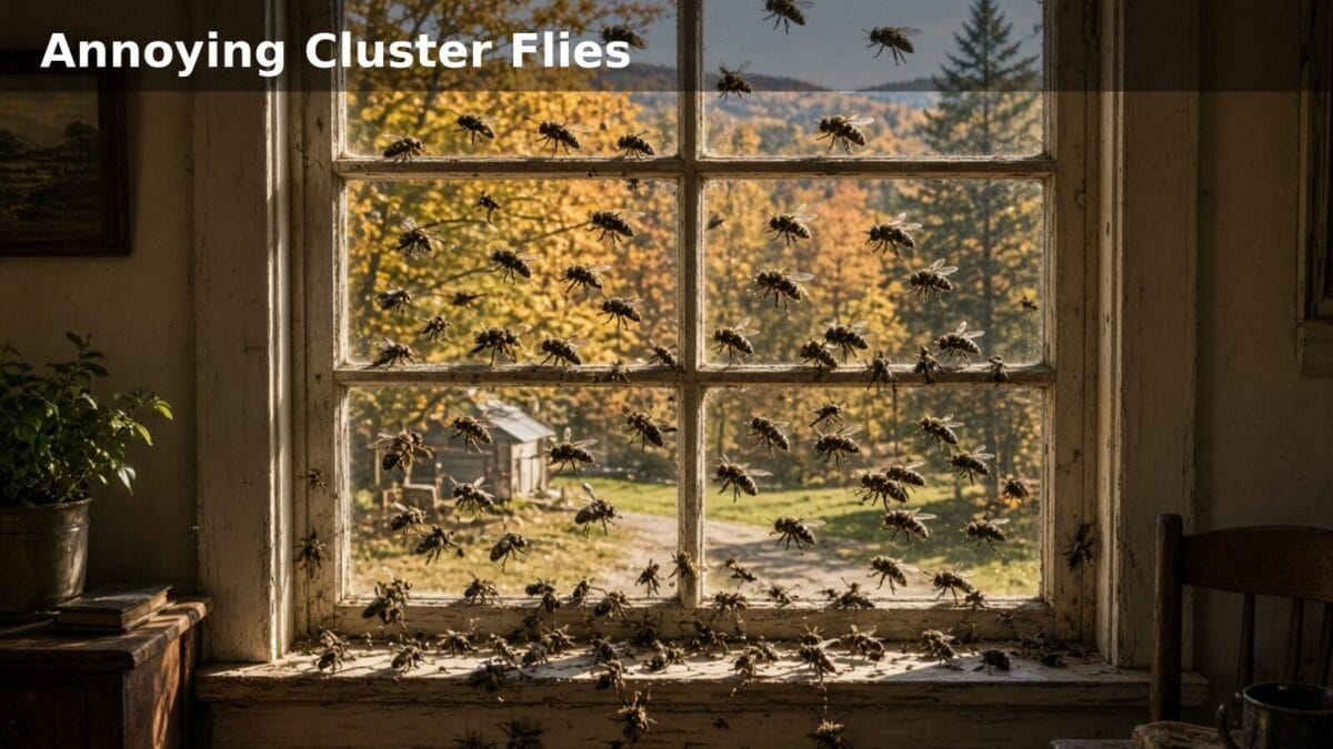 Annoying cluster flies clustered on a sunny rural Maine farmhouse window in fall