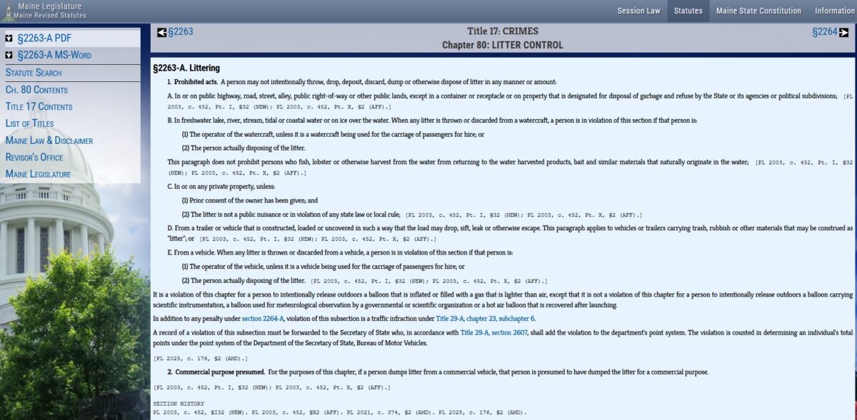 Maine Revised Statutes §2263-A Littering from vehicle law April 2026