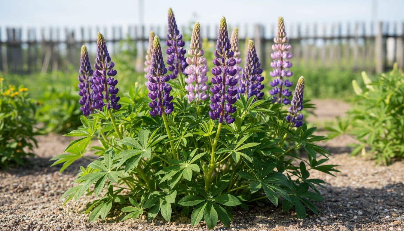 Lupine plants with tall emerging purple and blue flower spikes and distinctive hand-shaped palmate leaves growing vigorously in a sunny rural garden bed on well-drained sandy soil, captured in photorealistic close-up under natural daylight.