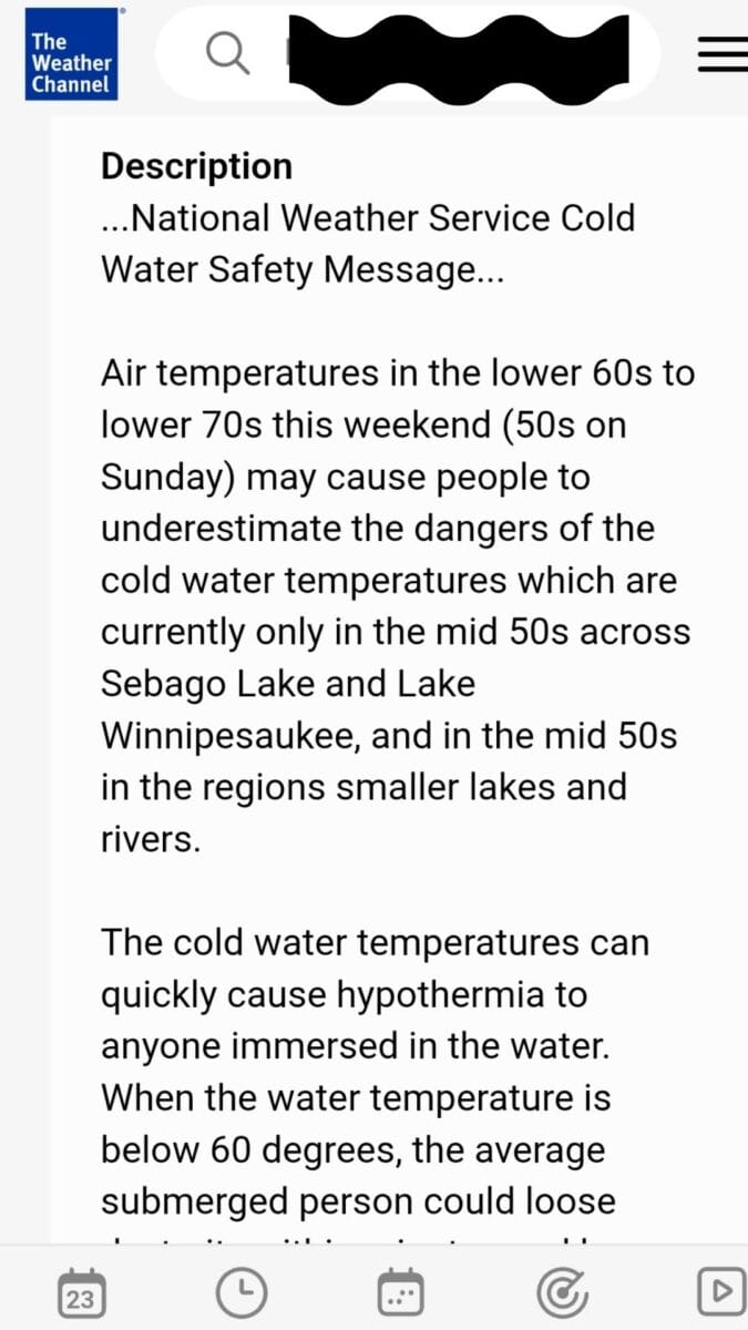 a national weather service cold water safety message a National Weather service cold way safety alert example