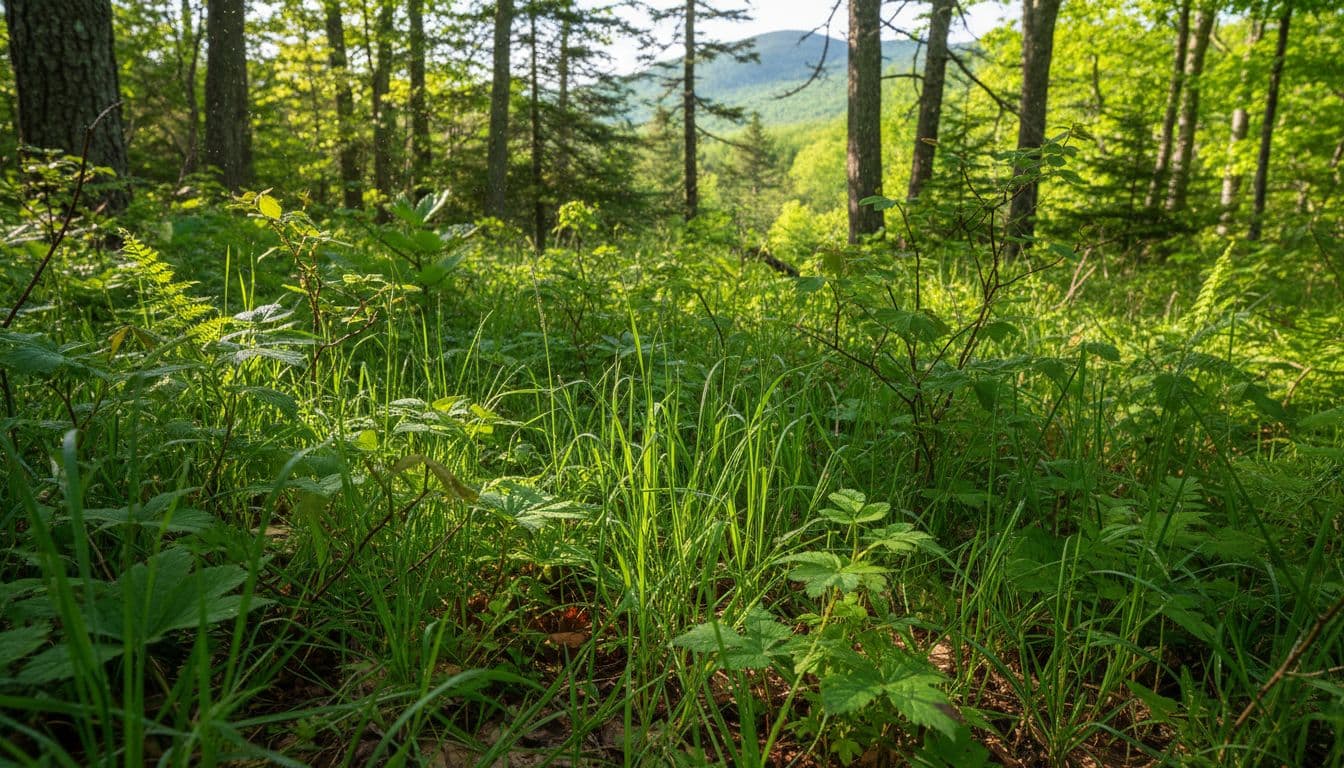 Dense blades of vibrant green grass carpet the floor beneath a canopy of pine trees. Soft sunlight illuminates the tangled ferns and thick vegetation typical of a wild Maine mountain habitat.