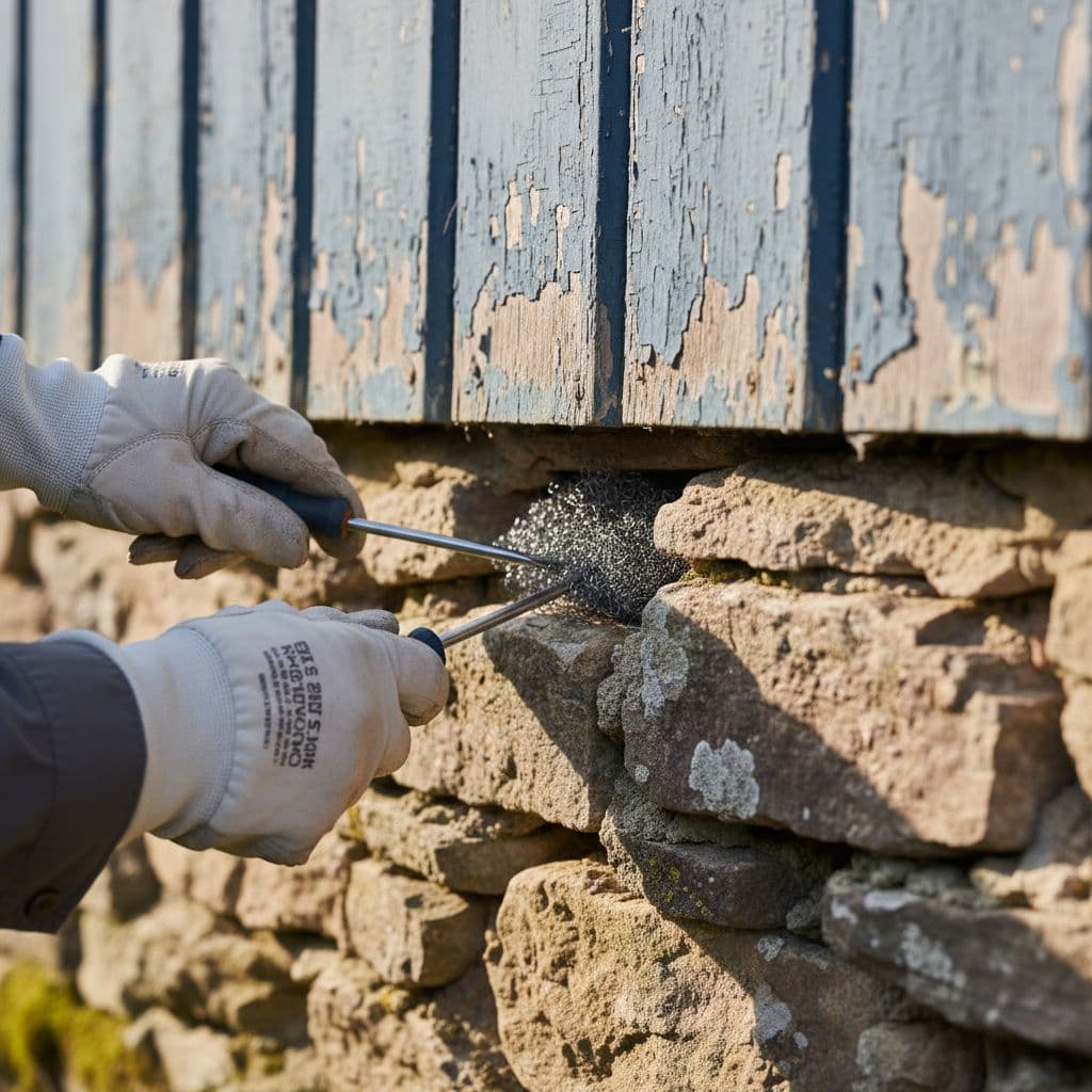 Close-up of hands using a screwdriver to press steel wool into a narrow exterior foundation crevice. This physical barrier prevents rodents from entering the home through small masonry gaps.