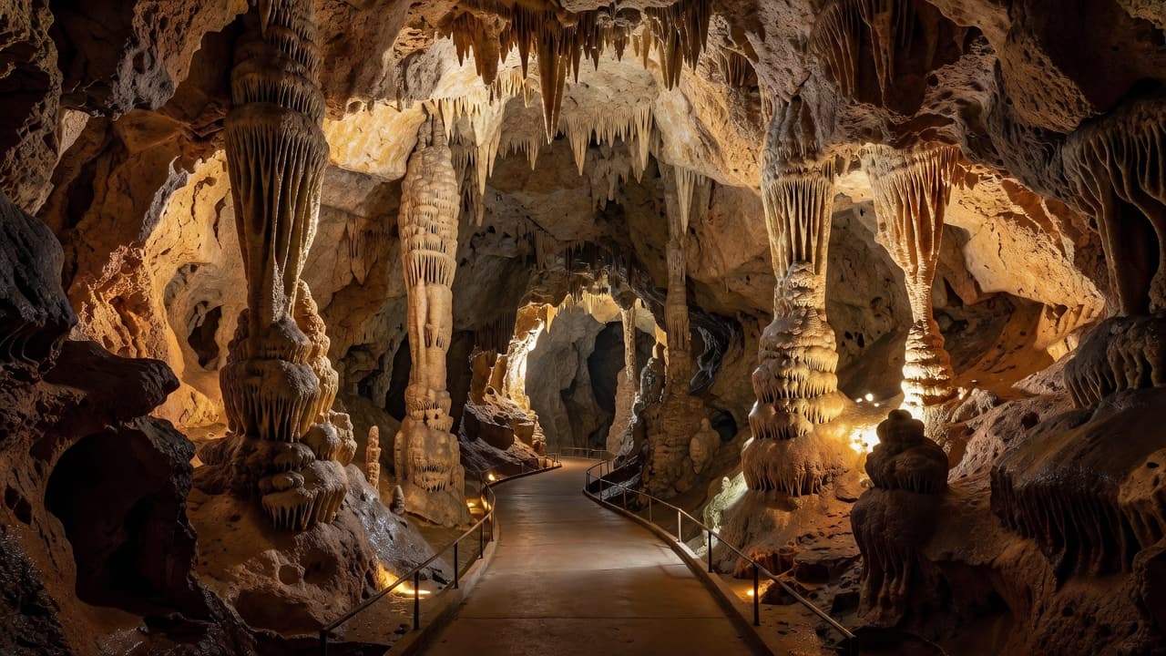 A paved concrete walkway winds through a narrow limestone cavern featuring jagged stalactites and stalagmites. Warm artificial spotlights emphasize the rugged rock textures along the damp walls of the interior passage at the Howe's Cavern and Zipline.