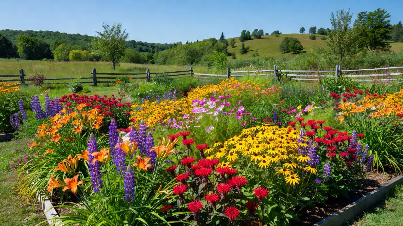 A lush garden overflows with colorful perennials and annuals against rolling hills under a bright clear sky. The scene captures the peak of summer growth in a peaceful rural landscape.