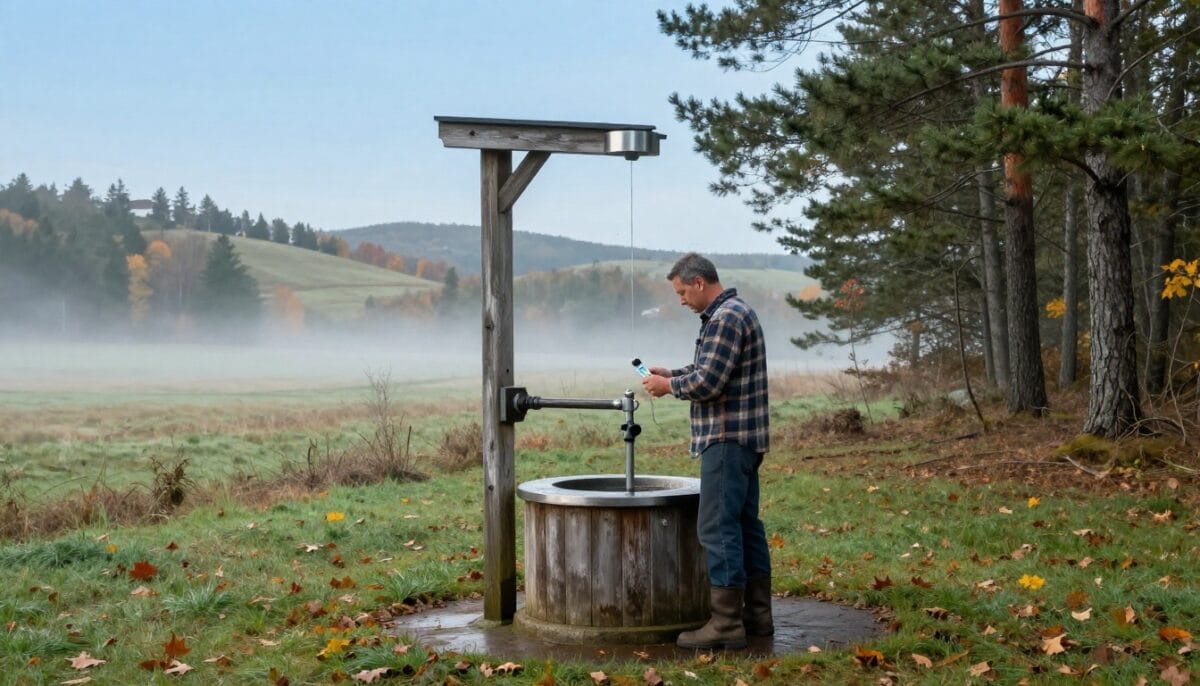A farmer tests a rural well beside pine trees and misty hills.