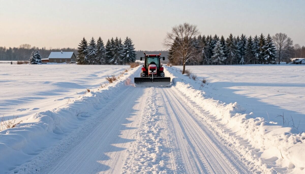 A red tractor beside a cleared driveway lined with snowbanks in rural winters of maine. .