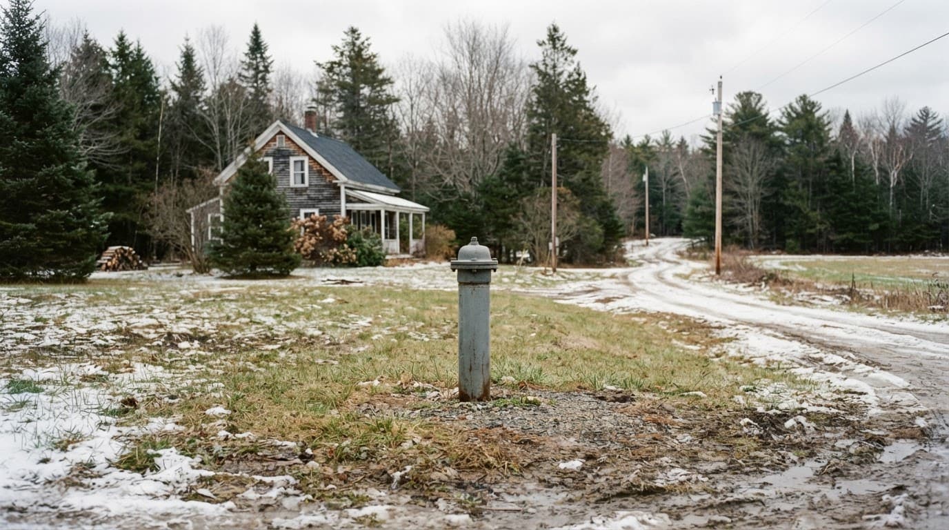 A capped wellhead beside a rural Maine home with snow patches and evergreen trees where well maintenance is a must.