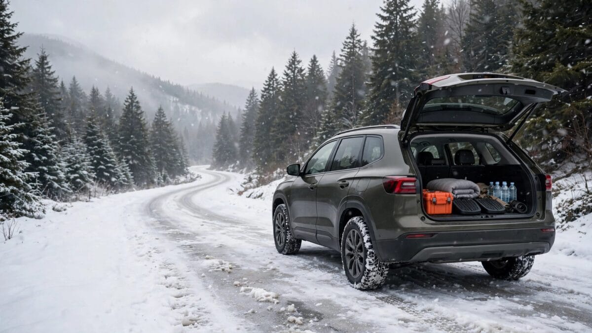 A winter SUV carries emergency supplies beside a snowy forest road.
