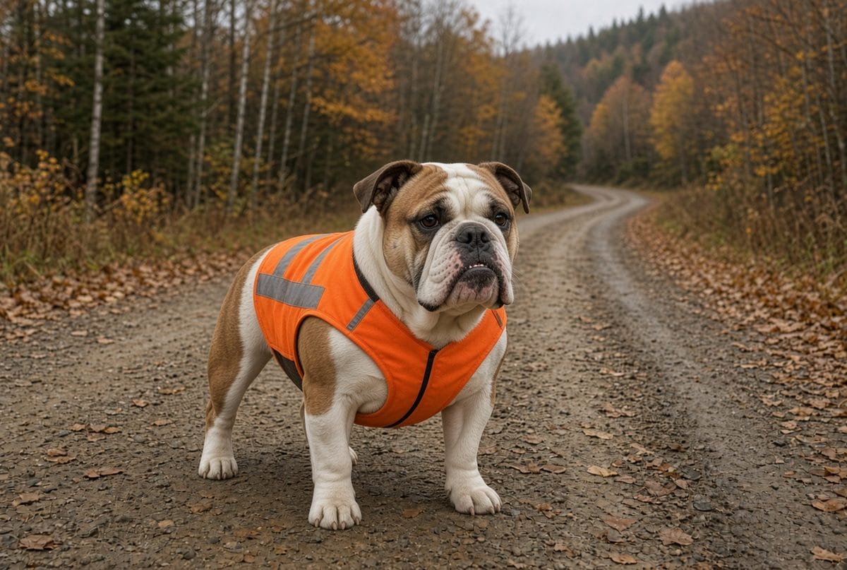 stella wearing her orange vest outdoors The law does not require it. A bandana or vest still helps. On a dirt road or in the brush, the dog is often the first thing a hunter sees moving.