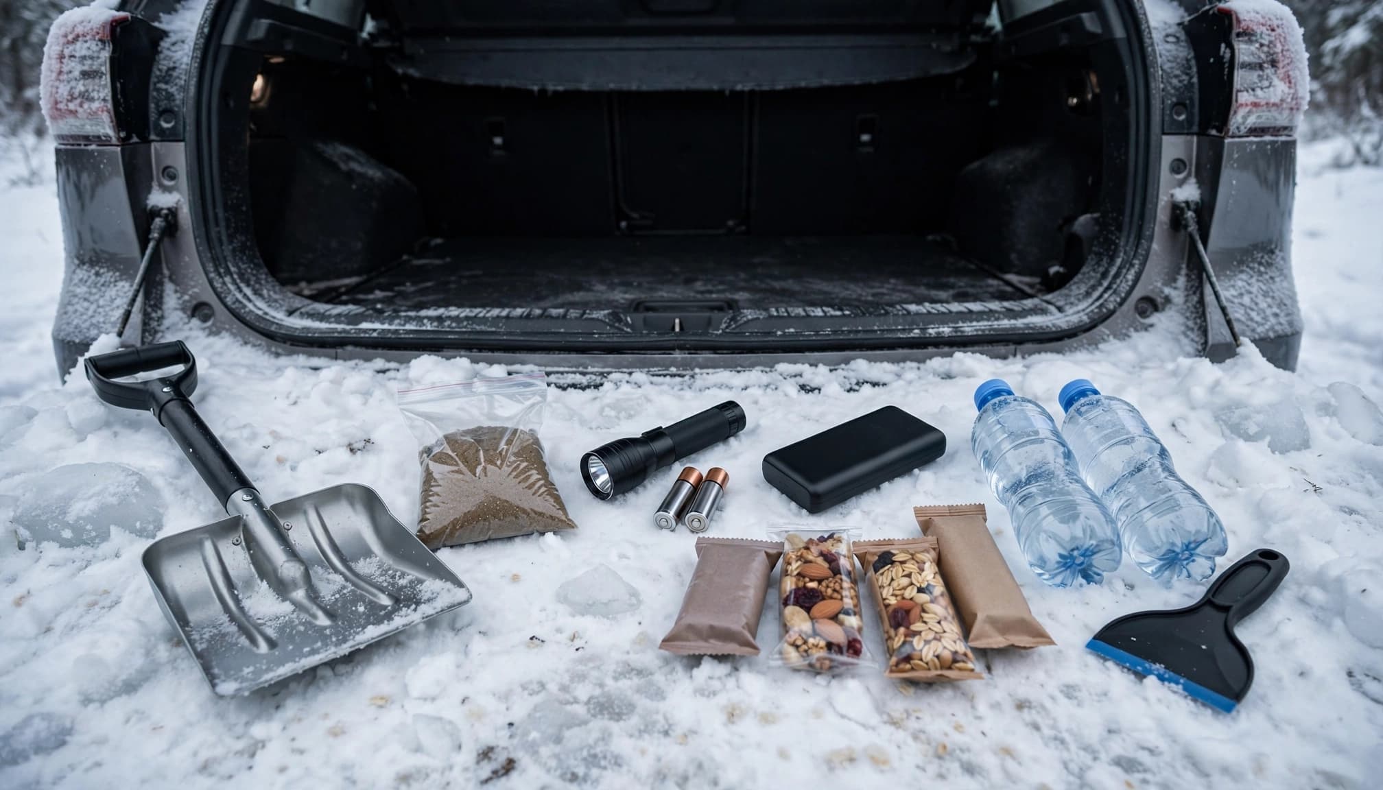A rural winters roadside emergency kit on snow near the open trunk of a vehicle.
